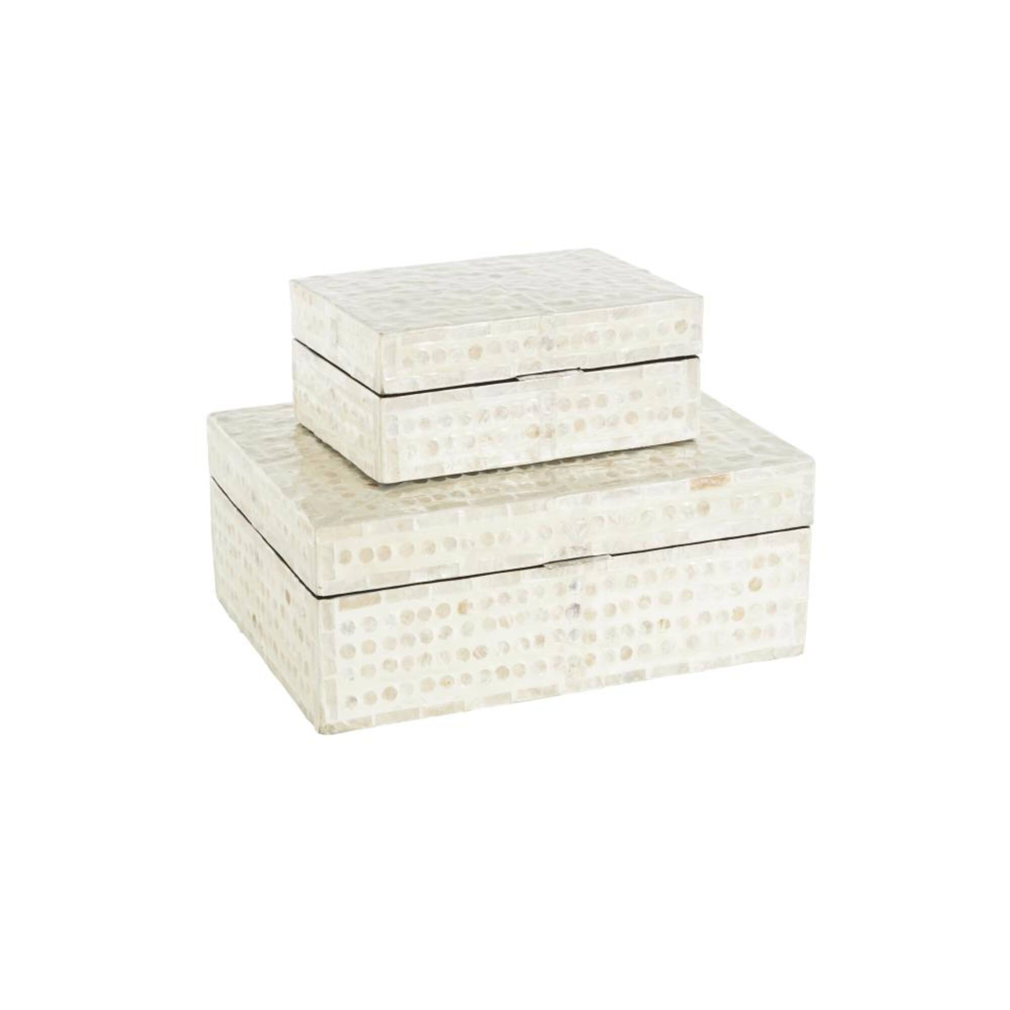 Cream Mother of Pearl Shell Geometric Handmade Mosaic Dot with Brown Accents Storage Box Set